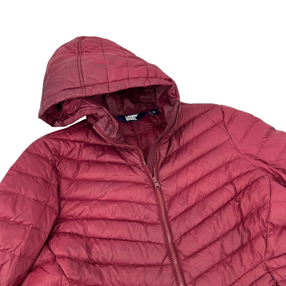 Lands End Womens‎ Long Puffer Coat Quilted Hooded Full Zip Burgundy XL